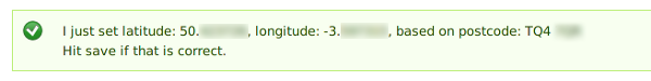 Latitude and longitude setting message, screenshot